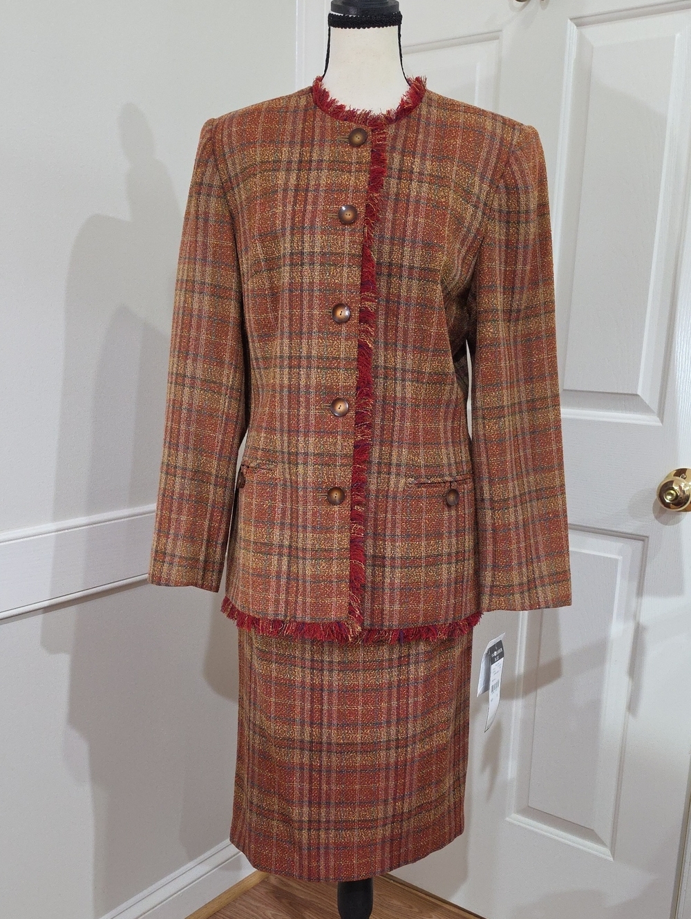 Vintage 1990 Sag Harbor Tweed Plaid Skirt Suit - Fringed Fall Rust Orange Sz 12